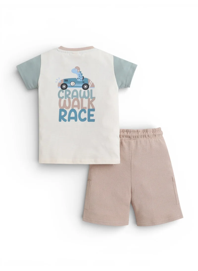 Victor And Jane  Infant Boys’ 2-Piece Set – “Crawl Walk Race” Car Print T-Shirt & Cargo Shorts for Men | Best Price UAE